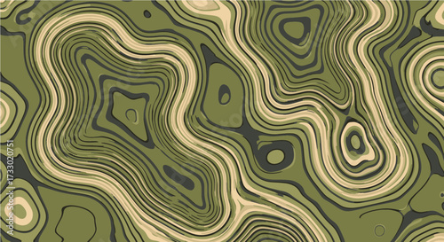 Dynamic abstract fluid lines pattern in earthy green, brown, and beige tones, creating a harmonious and seamless topographic or camouflage-like visual texture