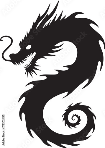 Majestic black dragon coils in swirling form, exuding ancient power and mystique in bold ink silhouette with oriental mythical elegance.

