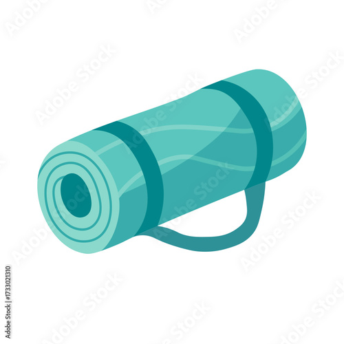 Vector illustration of rolled yoga mat with strap, flat cartoon doodle style isolated.