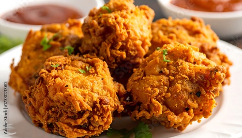 Crispy Fried Chicken Nuggets on Plate w Sauce with Delicious Meal Closeup.