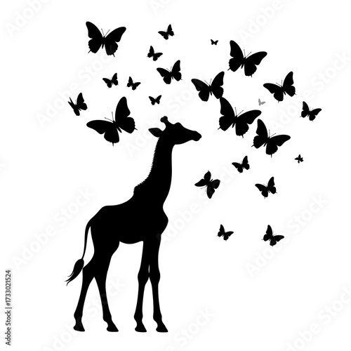 Silhouette giraffe surrounded by butterflies (1)