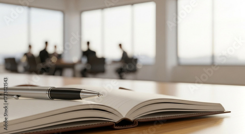 Close up of notebook and pen on desk with blurred business meeting background
