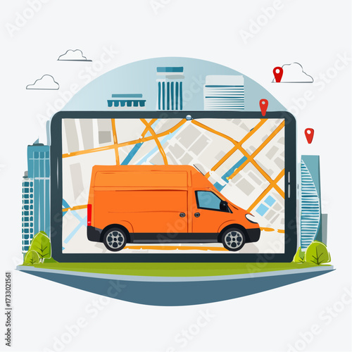 An orange delivery van navigates a city map displayed on a tablet. Modern cityscape backdrop. Ideal for urban travel, logistics, and technology visuals.