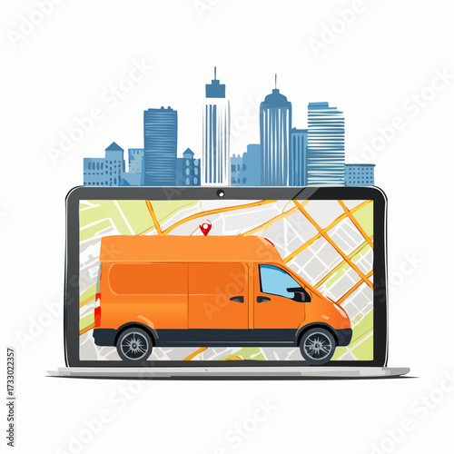 An orange delivery van navigates a city map displayed on a tablet. Modern cityscape backdrop. Ideal for urban travel, logistics, and technology visuals.
