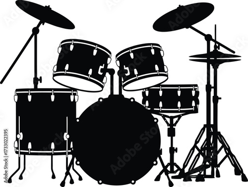 Drum kit silhouette percussion instrument rock music performance studio beat vector