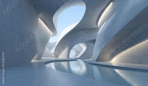 A modern abstract architectural interior with curved concrete forms and a reflective water pool, showcasing contemporary design and sleek lines.