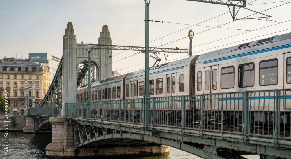 Obraz premium Light rail train crosses an ornate metal bridge over a river