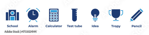 A Journey of Ideas and Learning Icons set vector illustration blue with School, Alarm, Calculator, Test tube, Idea, Tropy, Pencil
