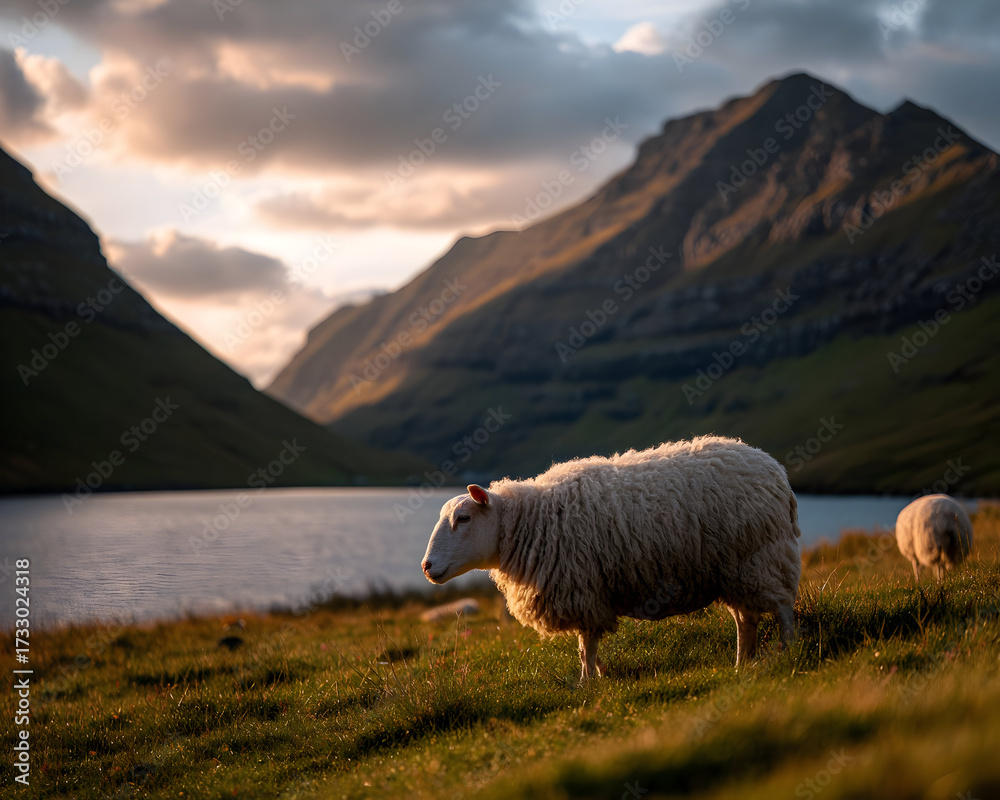 Obraz premium Peaceful view to sognefjord valley with grazing sheep at lakeside during golden hour