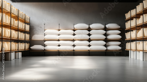 Bread factory, Minimalist storage room with shelves of bags and pillows neatly organized.