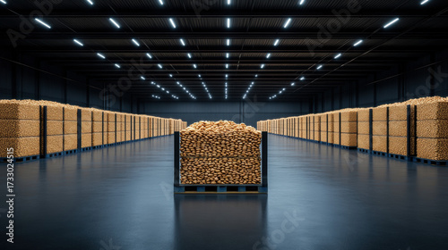 Bread factory, Warehouse interior with stacked goods and reflective floor.