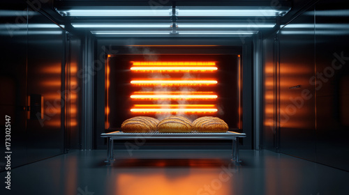 Bread factory, Baking bread in a high-tech oven with glowing heat source.