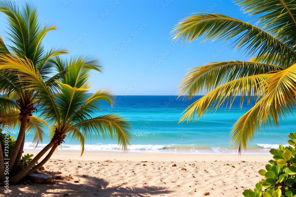 Obraz premium Tropical Beach Scene with Palm Trees and Clear Sky