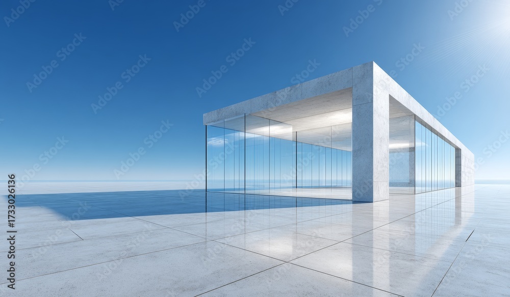 Obraz premium A modern minimalist building with large glass windows stands under a clear blue sky, featuring clean lines and reflective surfaces.