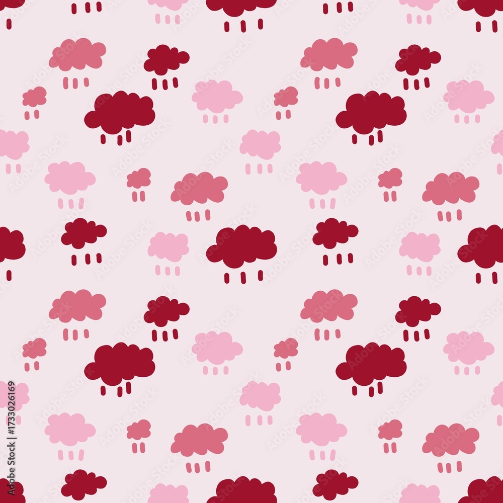 Fototapeta premium Seamless Pink Cloud Rain Pattern – Cute Cartoon Background Perfect for Wraping paper, background and Fabric