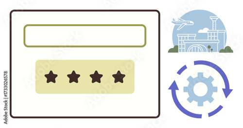Search bar interface, star rating system, airport terminal with airplane, blue circular gear mechanism. Ideal for travel, user interface, optimization, technology, process improvement service