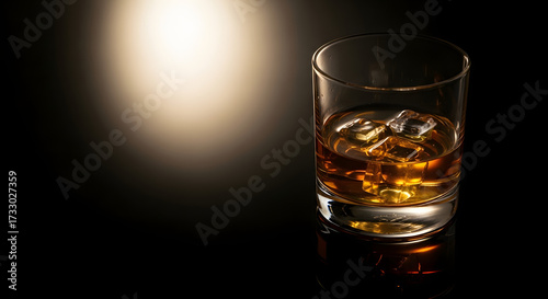 Glass of whiskey with ice cubes and dark background