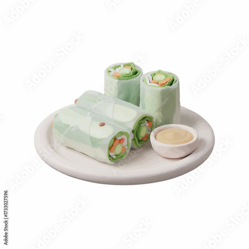 Fresh spring rolls and dipping sauce vector illustration delicious asian food art