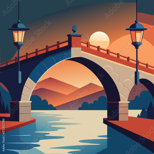 old stone bridge arch with lanterns hanging  (2).eps