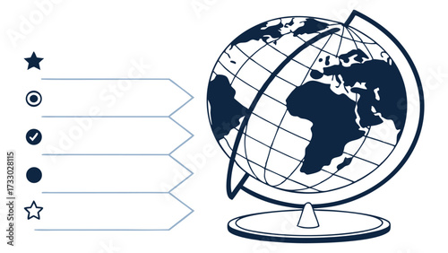Globe illustration depicting world map with continents and oceans, showcasing geographical features and educational elements for global awareness and exploration