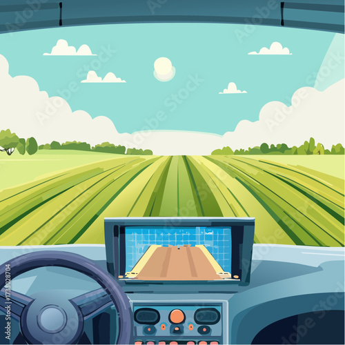View from a tractor cab shows a digital display guiding precision farming. Green fields and a bright sky create a modern, agricultural scene. Ideal for tech and farming concepts.
