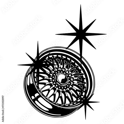 monochrome vector clip art of a sport car wheel rim with sparkles