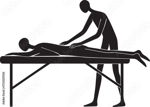 Silhouette of a massage therapist performing a therapeutic massage on a client lying on a treatment table, showcasing relaxation and wellness in a serene environment