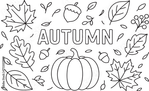 Autumn-themed illustration featuring various leaves, acorns, and a pumpkin, creating a seasonal atmosphere with intricate line art and decorative elements for creative projects