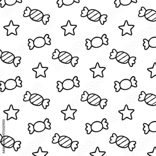 Colorful candy and star pattern illustration, featuring playful designs on a white background, perfect for children's products and festive decorations, enhancing visual appeal and creativity