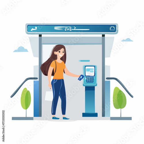 A young woman with long brown hair uses a contactless payment system at a subway entrance. Modern, clean design. Commuting, transit, technology.