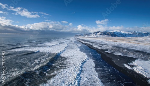 Wallpaper Mural Snowy black sand beach meets a vast ocean under a vibrant blue sky Torontodigital.ca