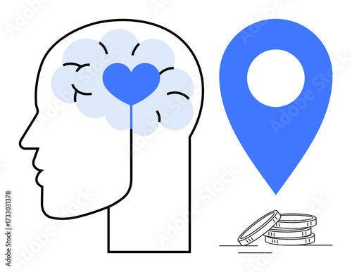 Head outline with heart inside brain, blue location pin, stacked coins. Ideal for mental health, location, emotional intelligence, finances, decision-making, well-being minimal flat metaphor