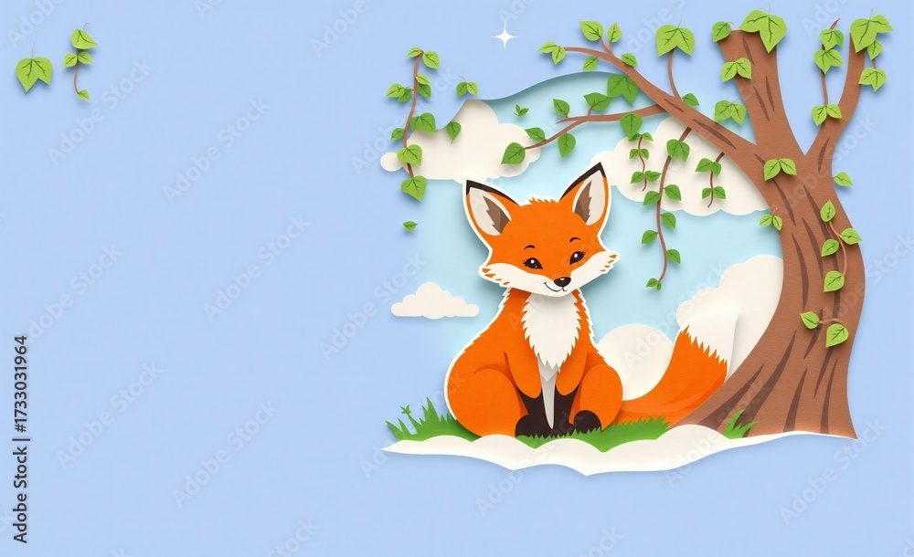 Obraz premium An adorable paper-cut style fox illustration. A small fox sits by a leafy tree under a bright blue sky, creating a peaceful nature scene.