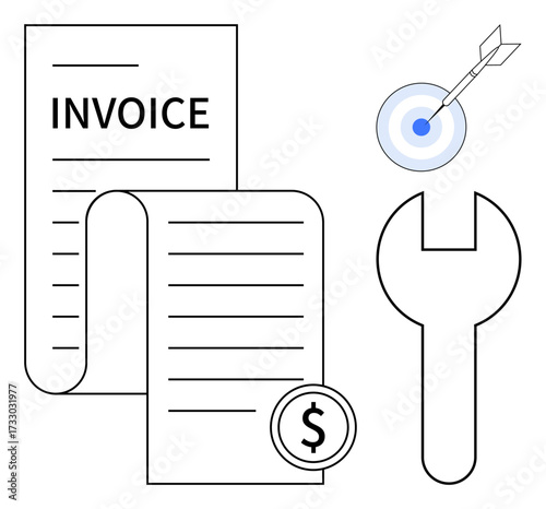 Invoice document with dollar icon, wrench, and target dartboard symbolizing billing, financial tools, and goal setting. Ideal for finance, accounting, business strategy, billing payment systems