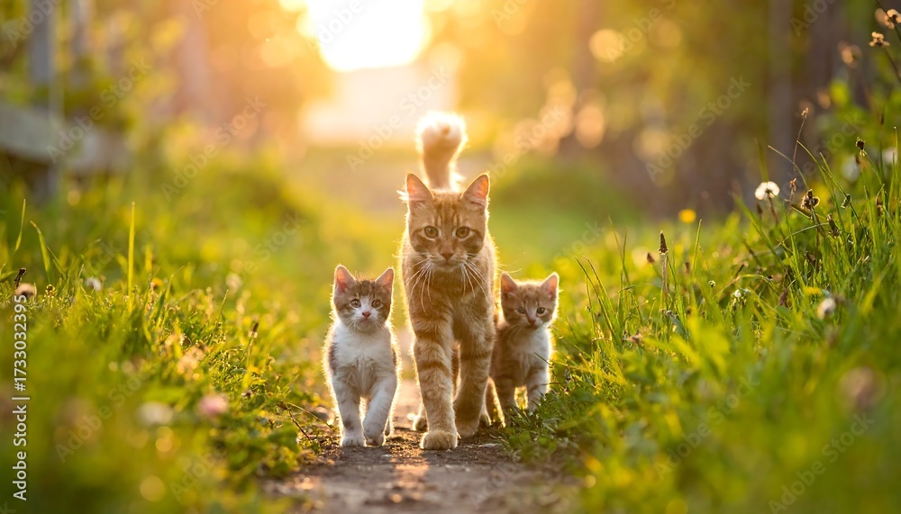 Fototapeta premium Adorable kittens and mother cat in a sunlit path