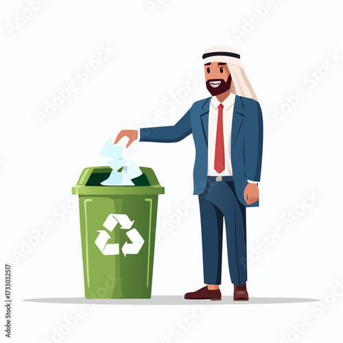 A businessman throws crumpled paper into a recycling bin. Clean, modern illustration depicts office waste disposal. Suitable for business, sustainability concepts.