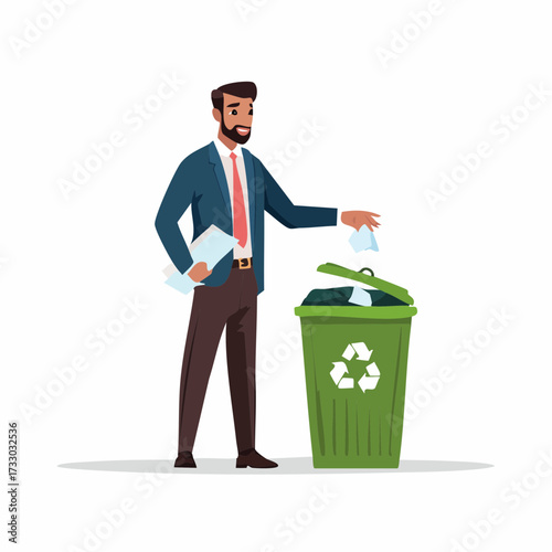 A businessman throws crumpled paper into a recycling bin. Clean, modern illustration depicts office waste disposal. Suitable for business, sustainability concepts.