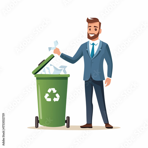 A businessman throws crumpled paper into a recycling bin. Clean, modern illustration depicts office waste disposal. Suitable for business, sustainability concepts.