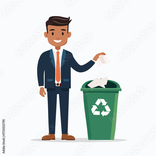 A businessman throws crumpled paper into a recycling bin. Clean, modern illustration depicts office waste disposal. Suitable for business, sustainability concepts.