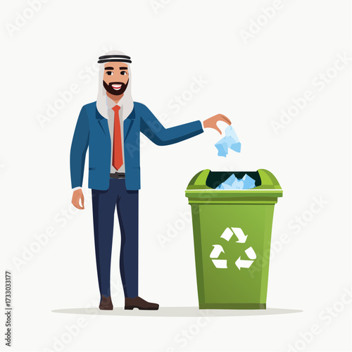 A businessman throws crumpled paper into a recycling bin. Clean, modern illustration depicts office waste disposal. Suitable for business, sustainability concepts.