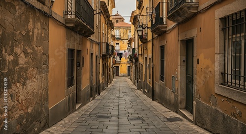 Narrow street scene with aged buildings and textured stone pathway daytime