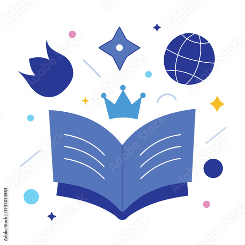 Open Book With Crown Globe And Flame Icons Keywords: book, open book, crown, globe, world