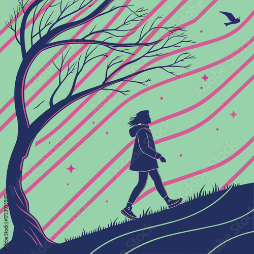Silhouette of Person Walking Up a Grassy Hill Under a Tree