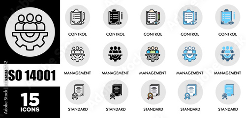 ISO 14001 icon set with various styles and colors of corporate sustainability performance for investment screening	