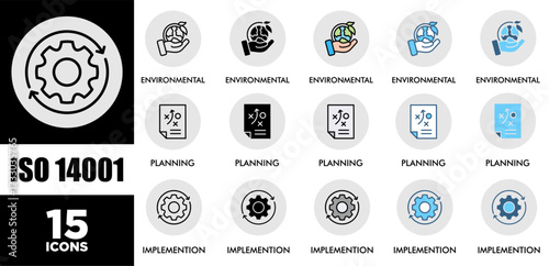 ISO 14001 icon set with various styles and colors of corporate sustainability performance for investment screening	