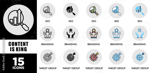 CONTENT IS KING icon set with various styles and colors of corporate sustainability performance for investment screening	