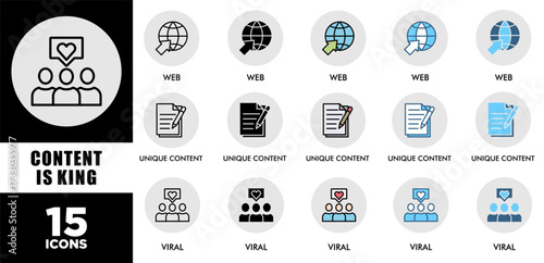CONTENT IS KING icon set with various styles and colors of corporate sustainability performance for investment screening	