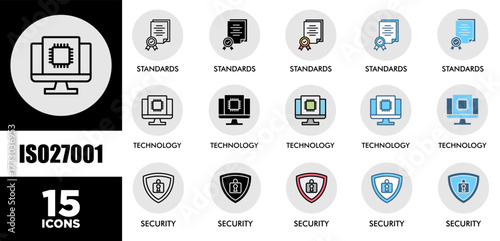 ISO27001 icon set with various styles and colors of corporate sustainability performance for investment screening	