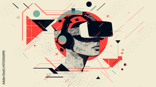 Abstract graphic art of a person wearing a VR headset and headphones