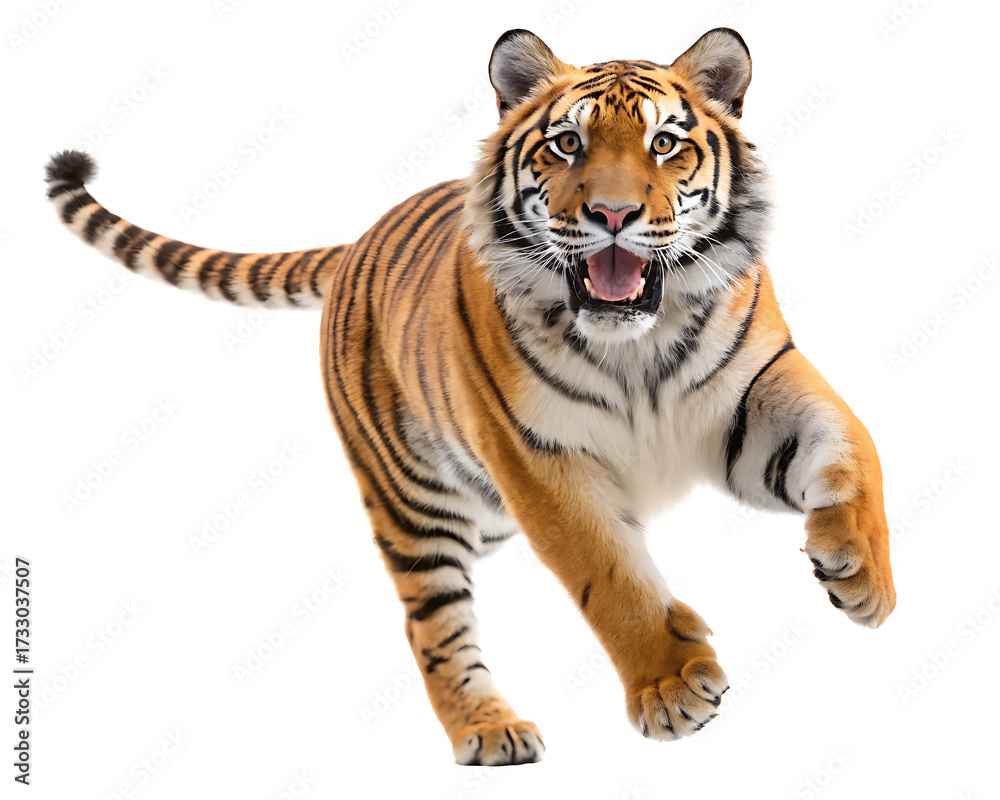 Obraz premium A striking tiger leaps forward against a stark white backdrop with its mouth slightly agape revealing teeth